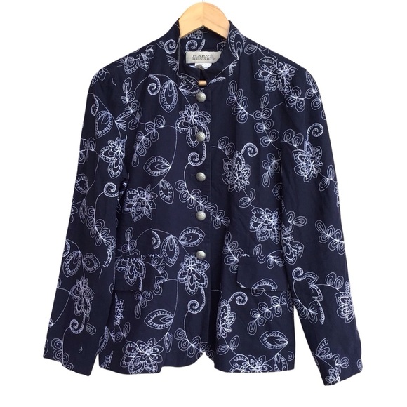 Harve Bernard Linen Blend Navy Blue Embroidered Jacket Size 8 - Picture 1 of 7
